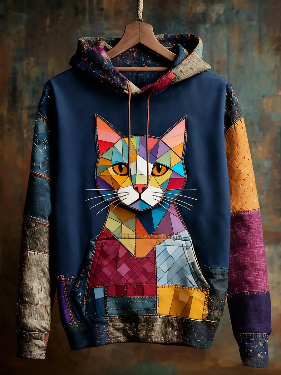 Women's Color-Block Cat Print Hoodies gracestitchs