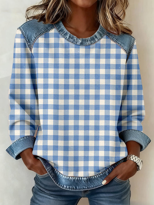 Women's Simple Plaid Pattern Denim Patchwork Sweatshirt gracestitchs