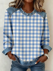Women's Simple Plaid Pattern Denim Patchwork Sweatshirt gracestitchs
