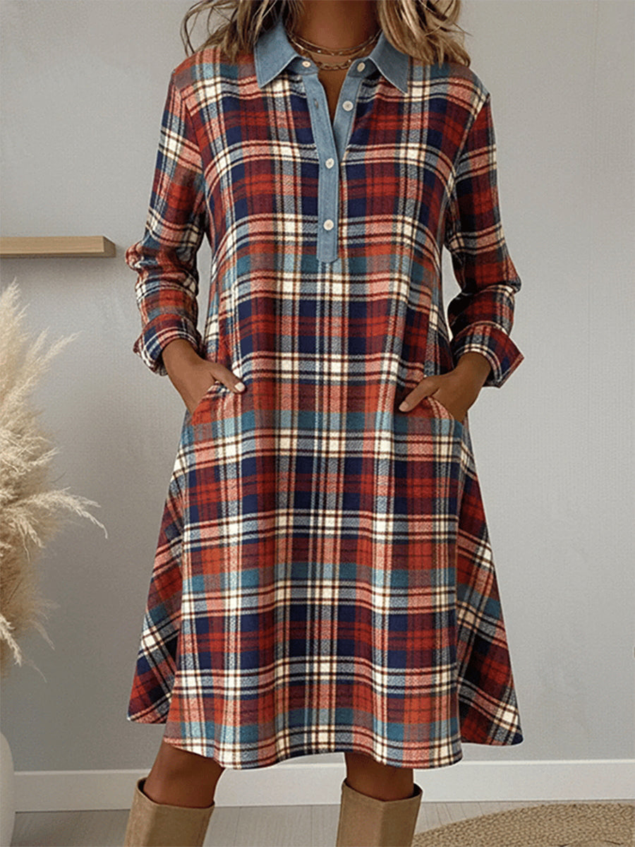 Women's Vintage Plaid Pattern Patchwork Art Dress gracestitchs