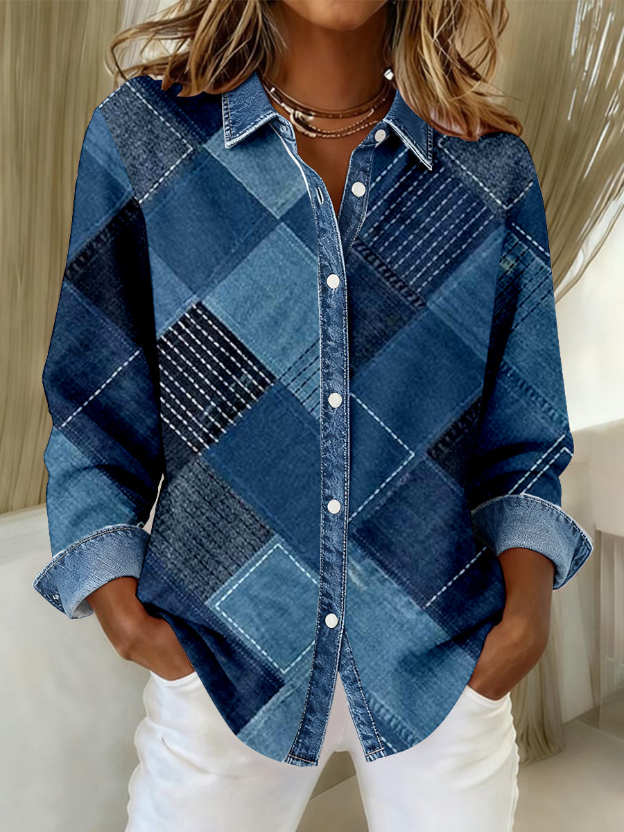 Women's Fashion Denim Patchwork Art Casual Shirt gracestitchs