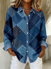 Women's Fashion Denim Patchwork Art Casual Shirt gracestitchs