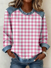 Women's Simple Plaid Pattern Denim Patchwork Sweatshirt gracestitchs