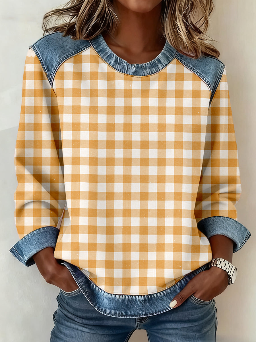 Women's Simple Plaid Pattern Denim Patchwork Sweatshirt gracestitchs