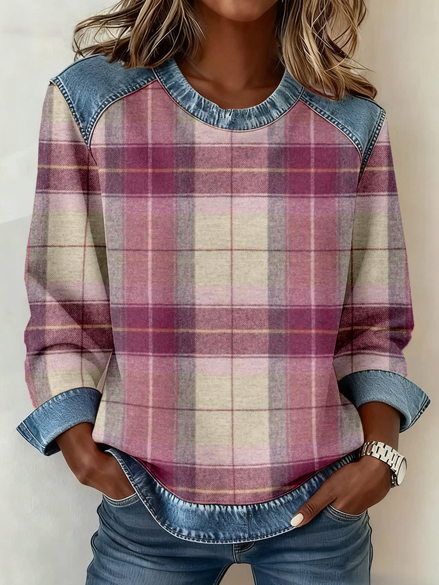 Women's Vintage Plaid Pattern Denim Patchwork Sweatshirt gracestitchs