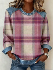 Women's Vintage Plaid Pattern Denim Patchwork Sweatshirt gracestitchs