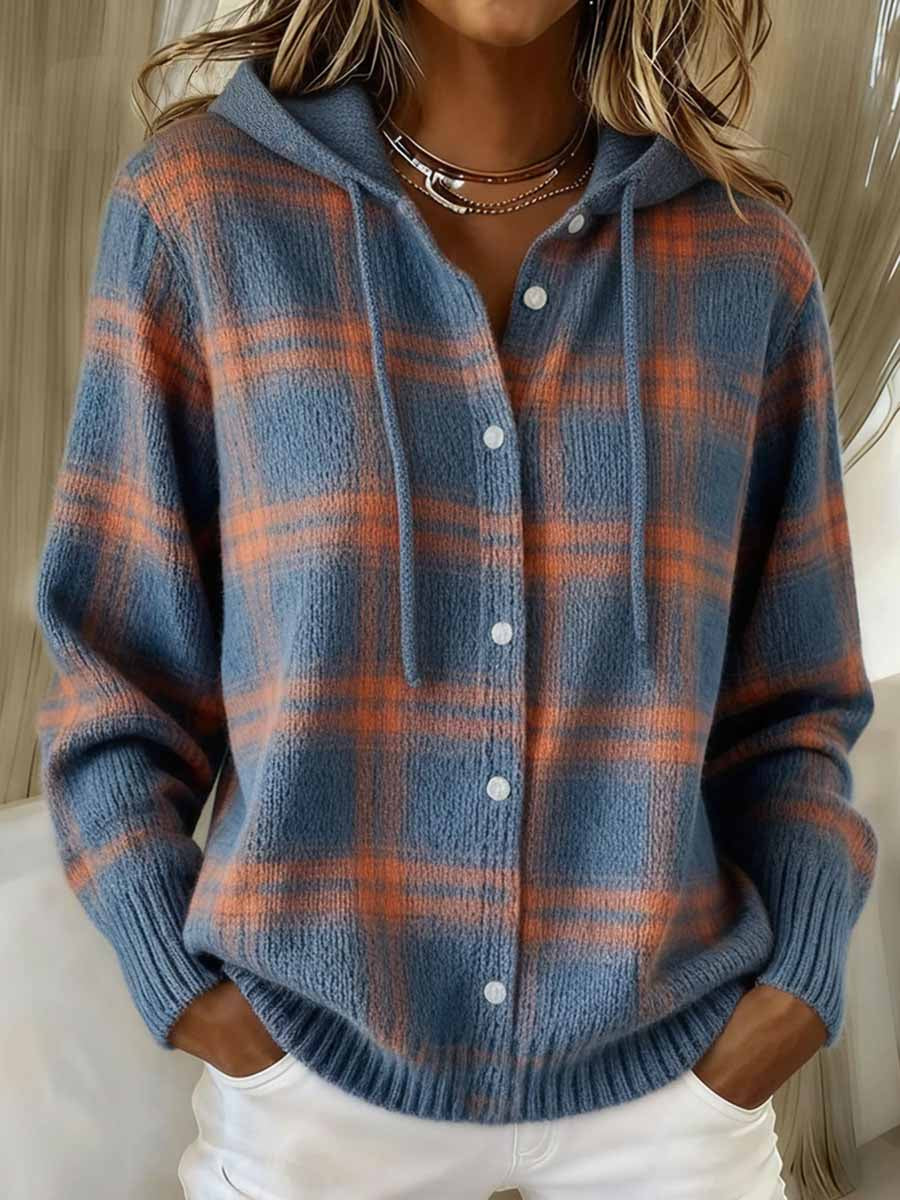 Women's Vintage Plaid Pattern Cozy Knit Hoodie Cardigan gracestitchs