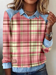 Women's Pink Plaid Pattern Patchwork Art Sweatshirt gracestitchs