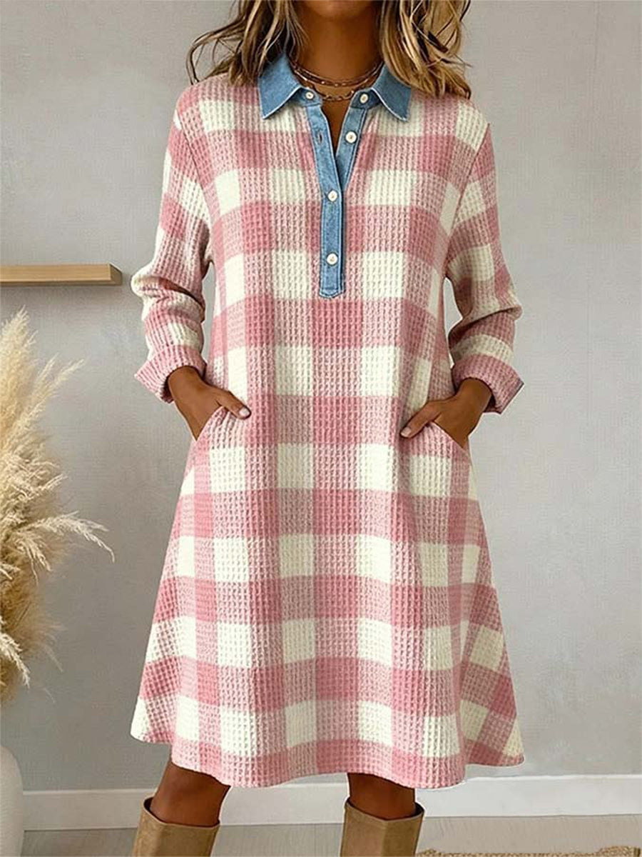 Women's Pink Plaid Pattern Patchwork Art Dress gracestitchs