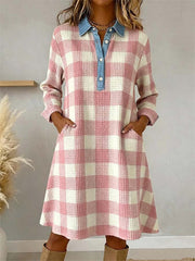 Women's Pink Plaid Pattern Patchwork Art Dress gracestitchs