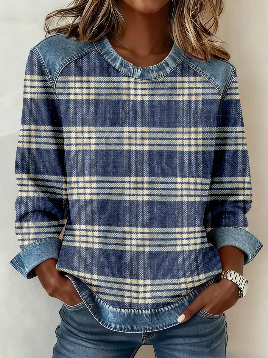 Women's Vintage Plaid Pattern Denim Patchwork Sweatshirt gracestitchs