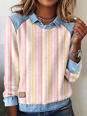 Women's Pink Striped Pattern Patchwork Art Sweatshirt gracestitchs