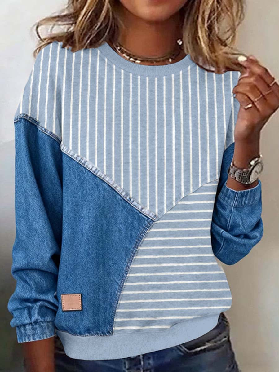 Women's Striped Pattern Patchwork Art Sweatshirt gracestitchs