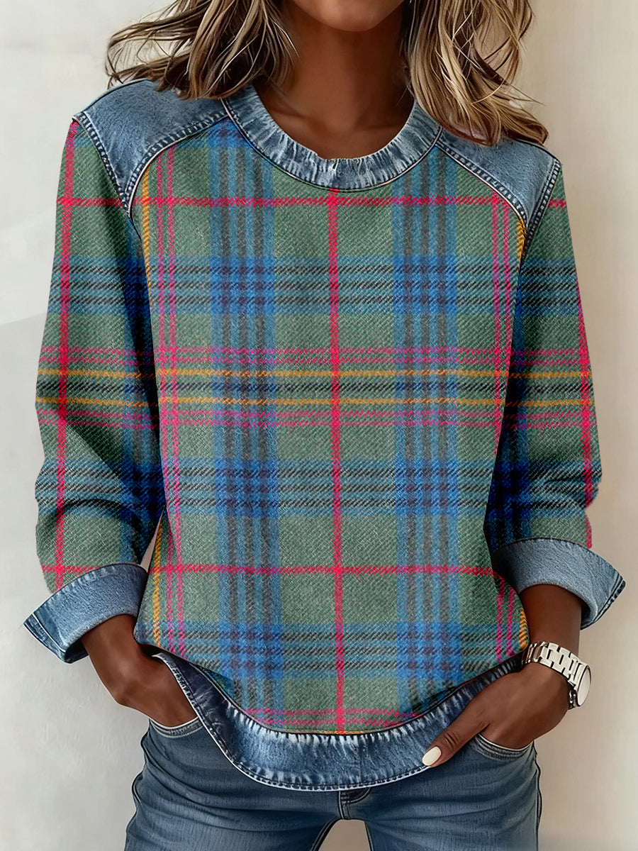 Women's Vintage Plaid Pattern Denim Patchwork Sweatshirt gracestitchs