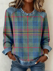 Women's Vintage Plaid Pattern Denim Patchwork Sweatshirt gracestitchs