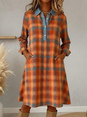Women's Fall Plaid Pattern Patchwork Art Dress gracestitchs