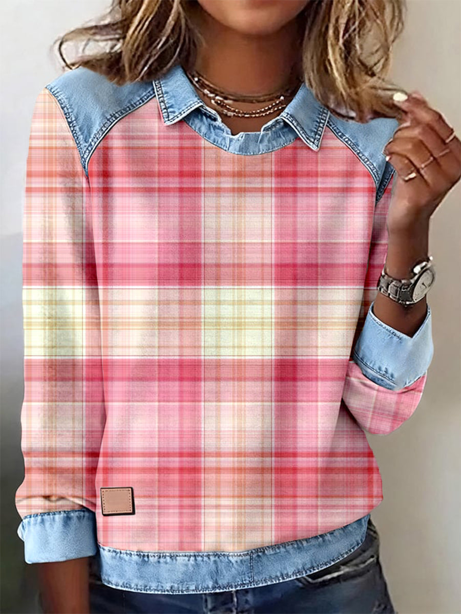 Women's Pink Plaid Pattern Patchwork Art Sweatshirt gracestitchs
