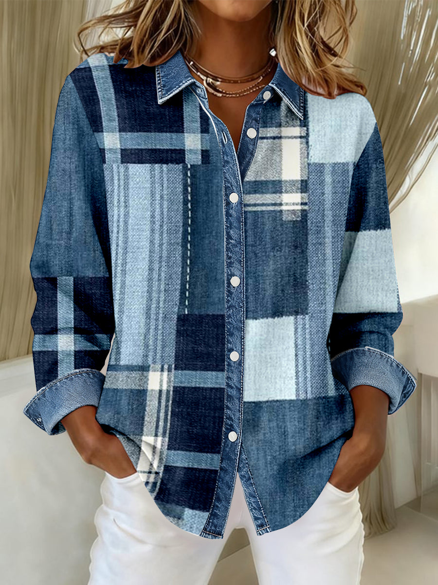 Women's Fashion Denim Patchwork Art Casual Shirt gracestitchs