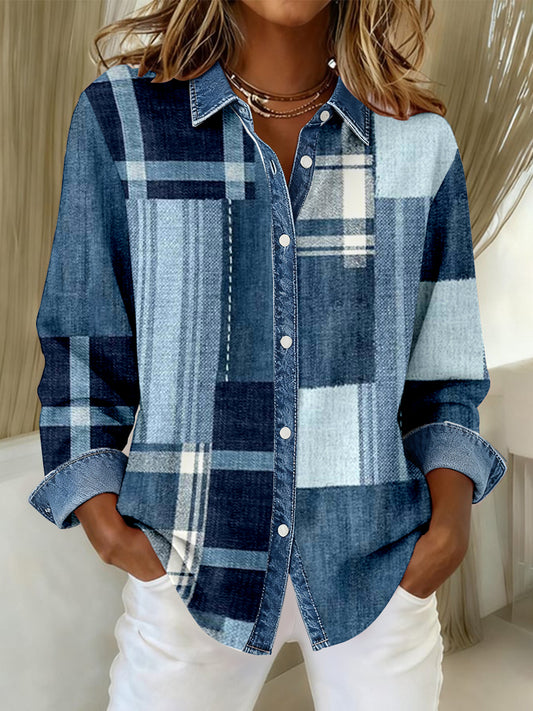 Women's Fashion Denim Patchwork Art Casual Shirt