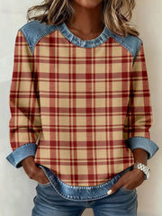Women's Vintage Plaid Pattern Denim Patchwork Sweatshirt gracestitchs