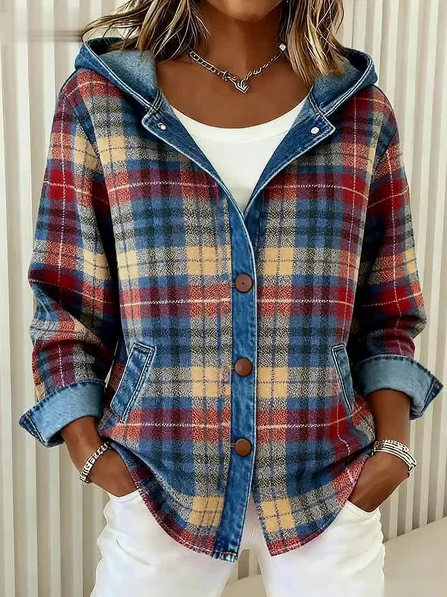 Women's Vintage Plaid Pattern Patchwork Art Hooded Cardigan gracestitchs