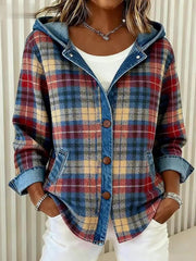 Women's Vintage Plaid Pattern Patchwork Art Hooded Cardigan gracestitchs