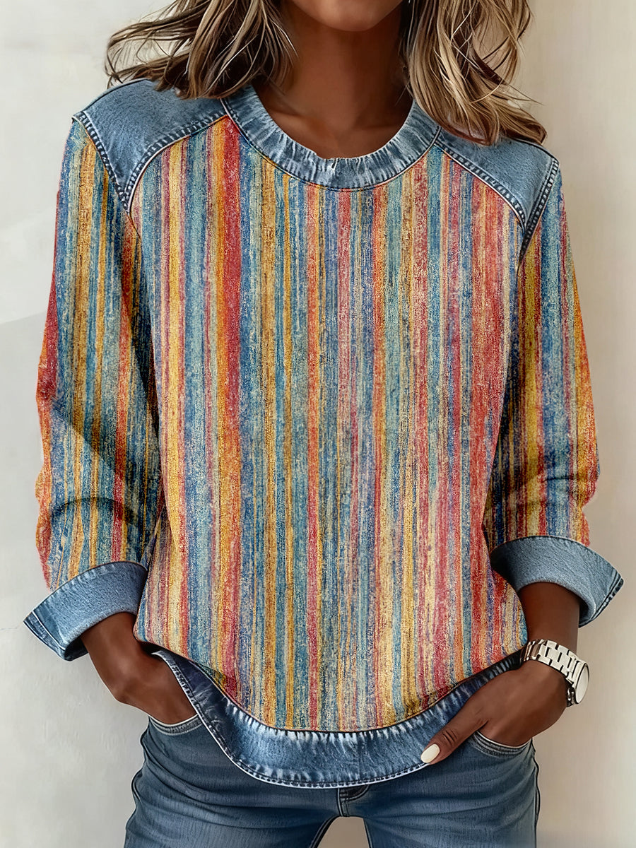 Women's Multicolor Striped Pattern Patchwork Sweatshirt gracestitchs