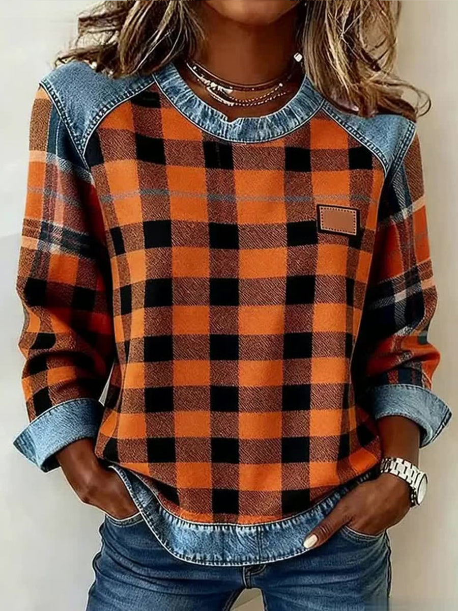 Women's Fall Plaid Pattern Patchwork Art Sweatshirt gracestitchs