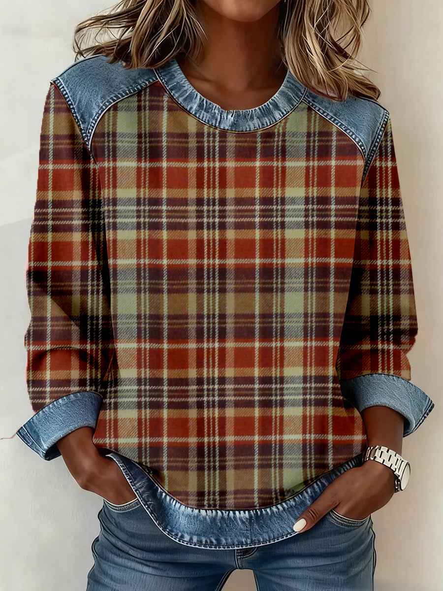 Women's Vintage Plaid Pattern Patchwork Art Sweatshirt gracestitchs