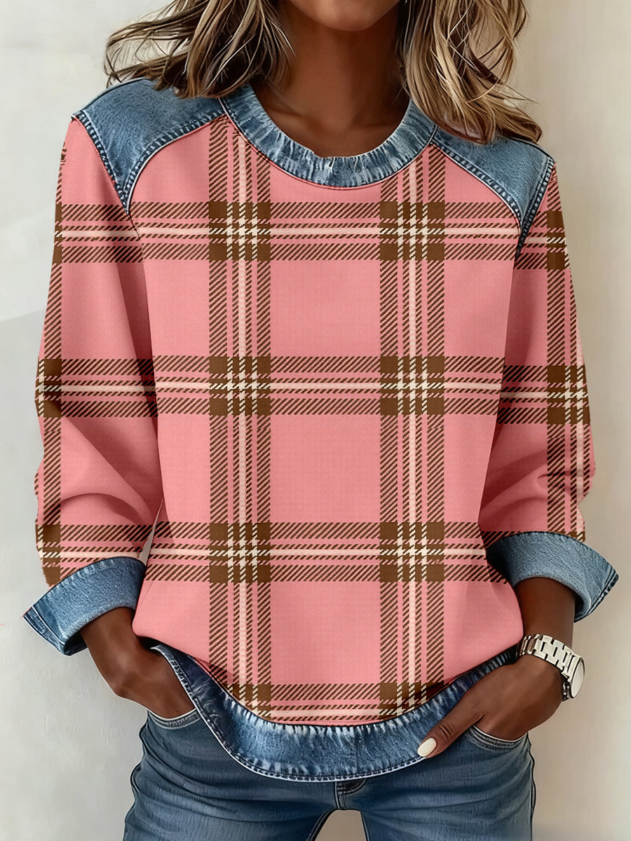 Women's Vintage Plaid Pattern Patchwork Art Sweatshirt gracestitchs
