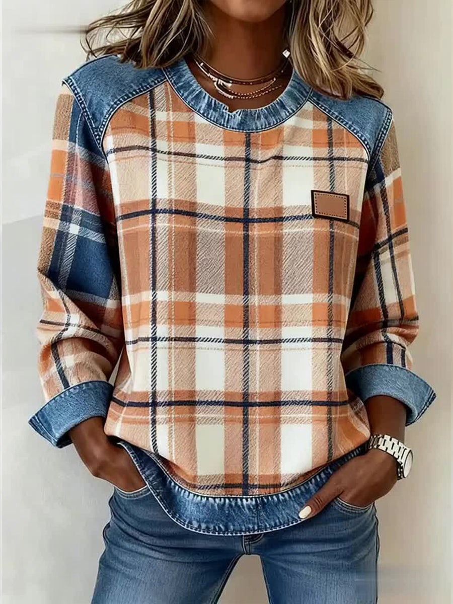 Women's Vintage Plaid Print Patchwork Art Sweatshirt gracestitchs