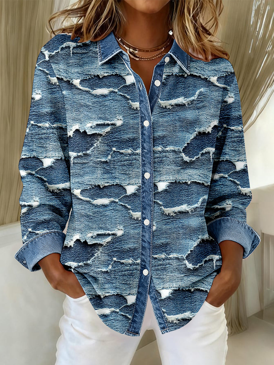 Women's Distressed Denim Patchwork Design Shirt gracestitchs