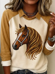 Women's Retro Diamond Horse Head Print Horse Lovers Casual Sweatshirt