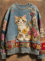 Women's Vintage Patchwork Flower Cat Art Print Sweatshirt