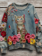 Women's Vintage Patchwork Flower Cat Art Print Sweatshirt