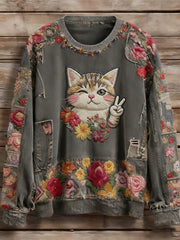 Women's Vintage Patchwork Flower Cat Art Print Sweatshirt