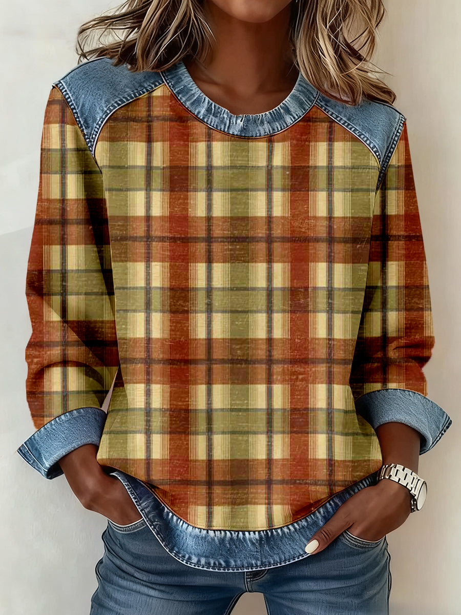 Women's Vintage Plaid Pattern Patchwork Art Sweatshirt gracestitchs