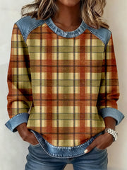 Women's Vintage Plaid Pattern Patchwork Art Sweatshirt gracestitchs