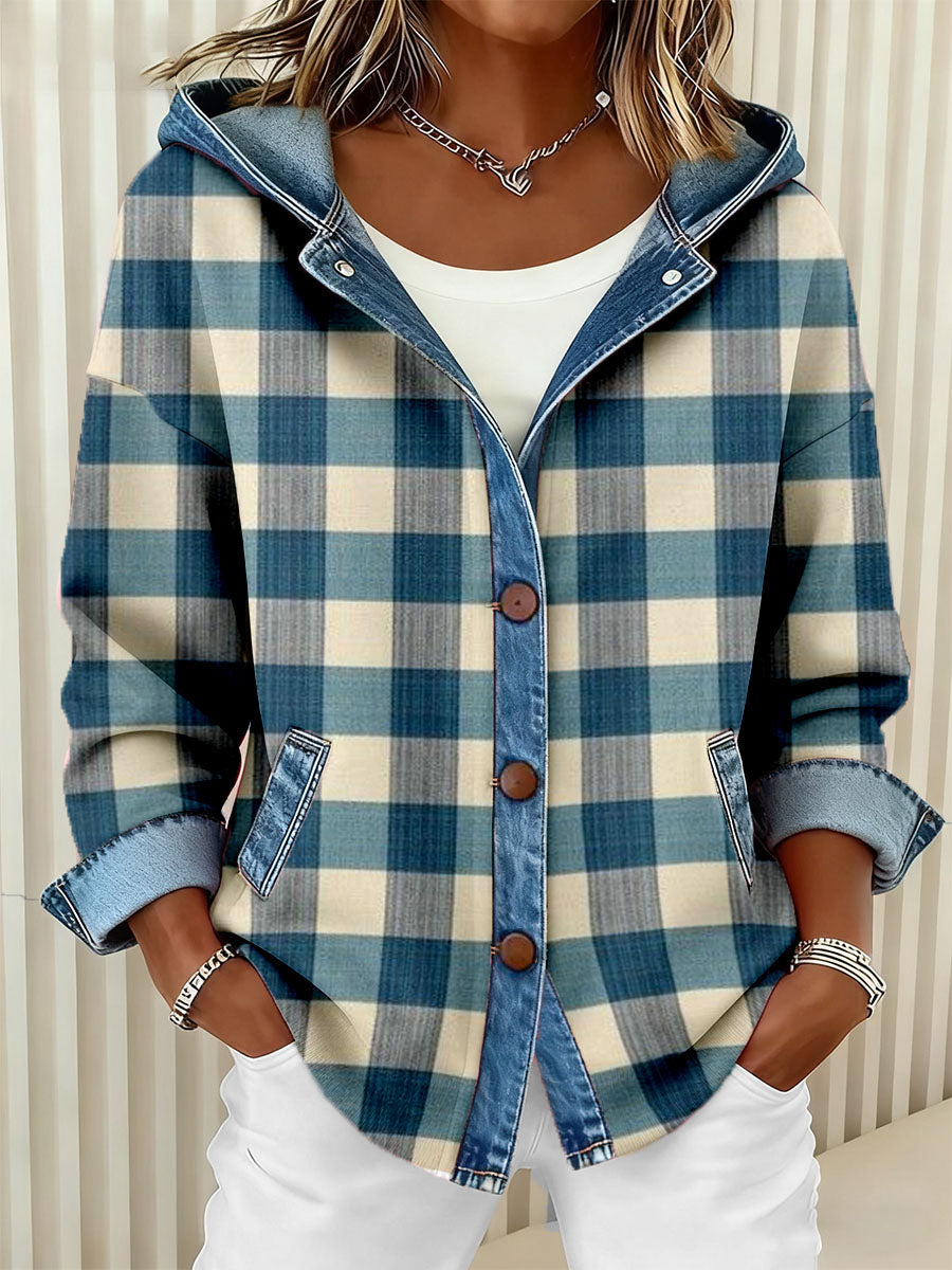 Women's Blue Plaid Pattern Patchwork Art Hooded Cardigan gracestitchs