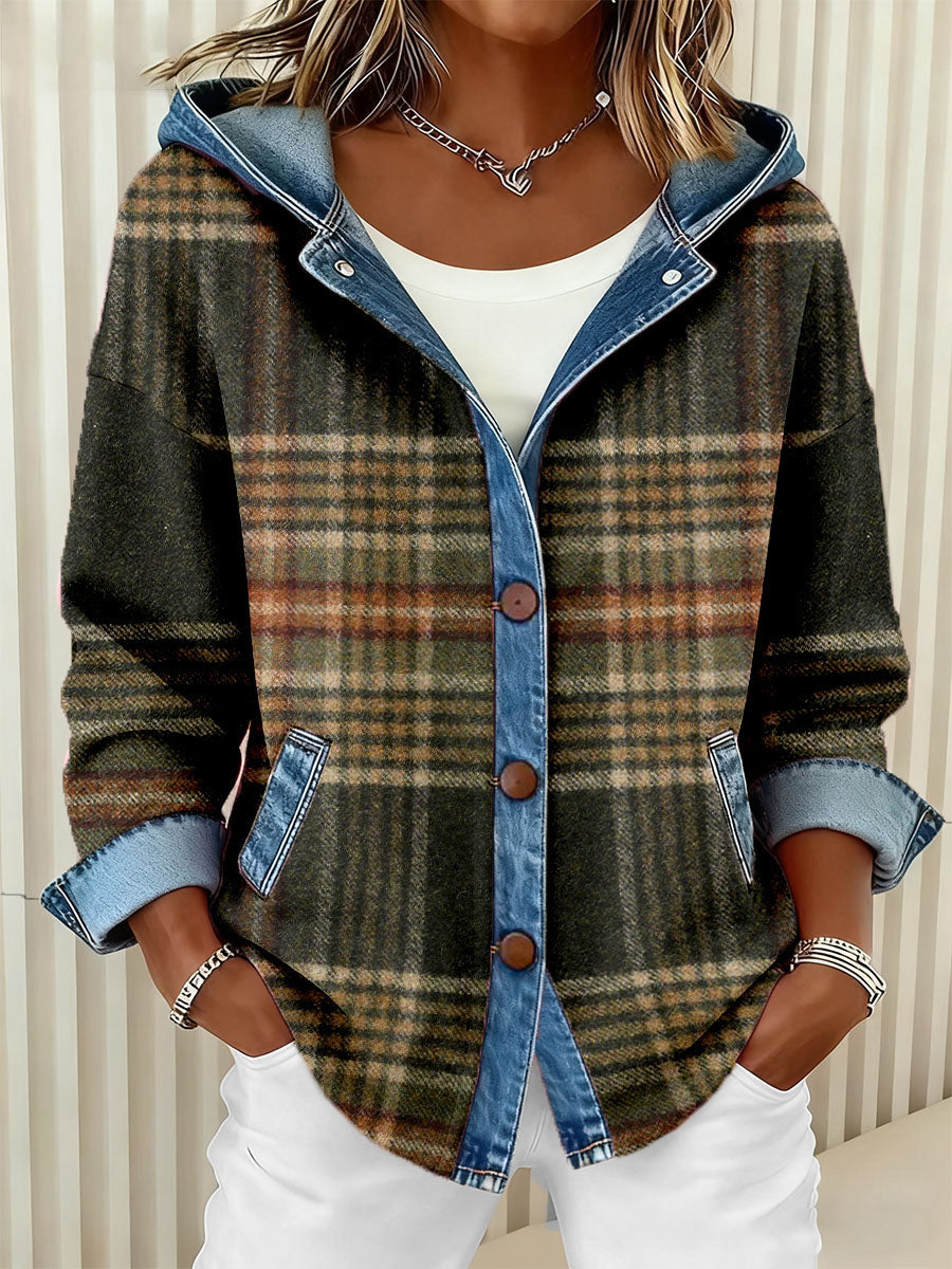 Women's Vintage Plaid Pattern Patchwork Art Hooded Cardigan gracestitchs