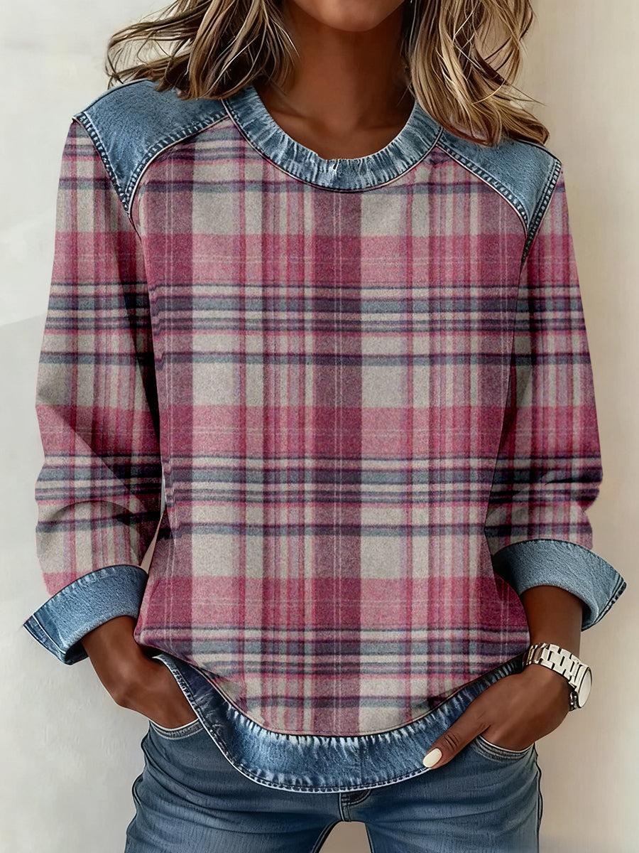 Women's Vintage Plaid Pattern Patchwork Art Sweatshirt gracestitchs