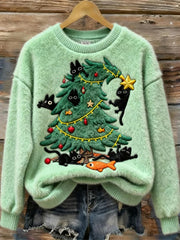 Women's Christmas Christmas Tree Cute Playful Cats Flannel Sweatshirt