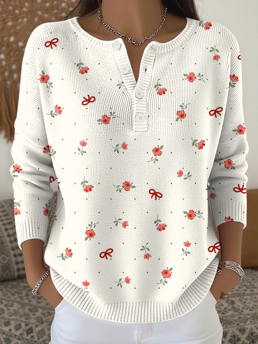 Women's Breast Cancer Pink Flowers Print Knit Top gracestitchs
