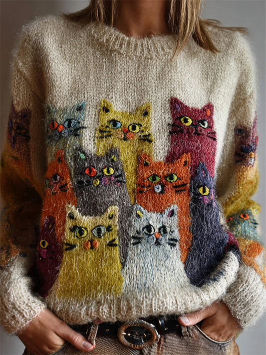 Women's Vintage Colorful Crowded Cats Art Cozy Sweater