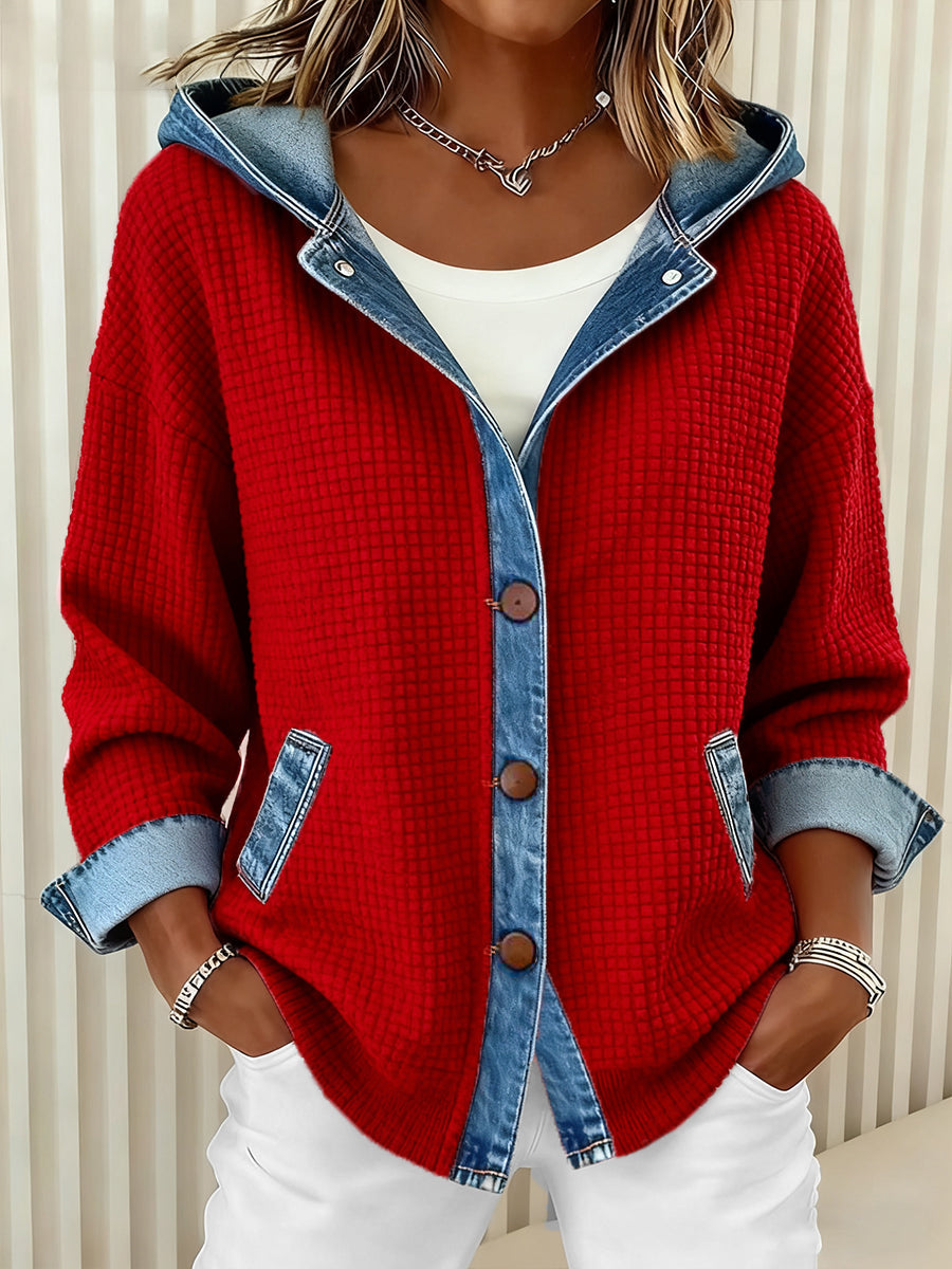 Women's Fashion Patchwork Design Waffle Hooded Cardigan gracestitchs