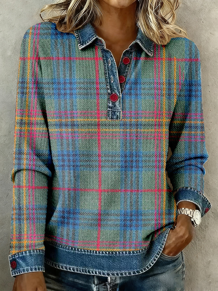 Women's Vintage Plaid Pattern Patchwork Art Waffle Top gracestitchs