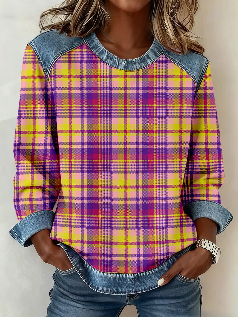 Women's Vintage Plaid Pattern Denim Patchwork Sweatshirt gracestitchs