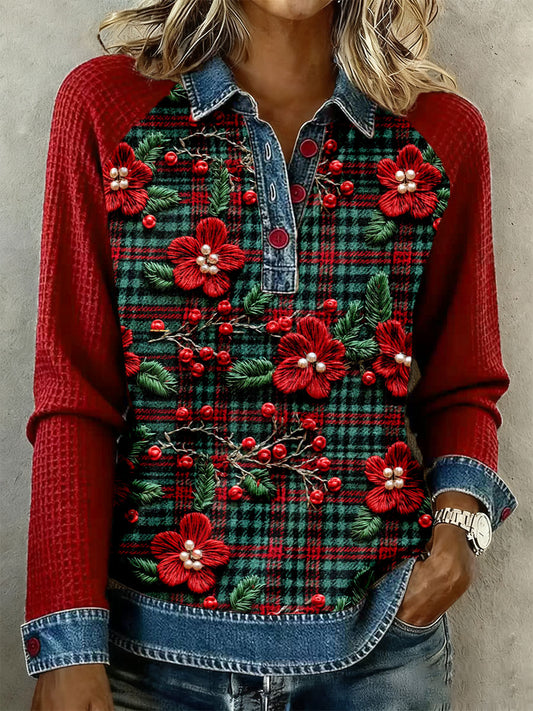 Women's Christmas Plaid Floral Tops