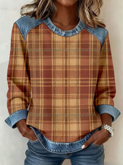 Women's Vintage Plaid Pattern Denim Patchwork Sweatshirt gracestitchs