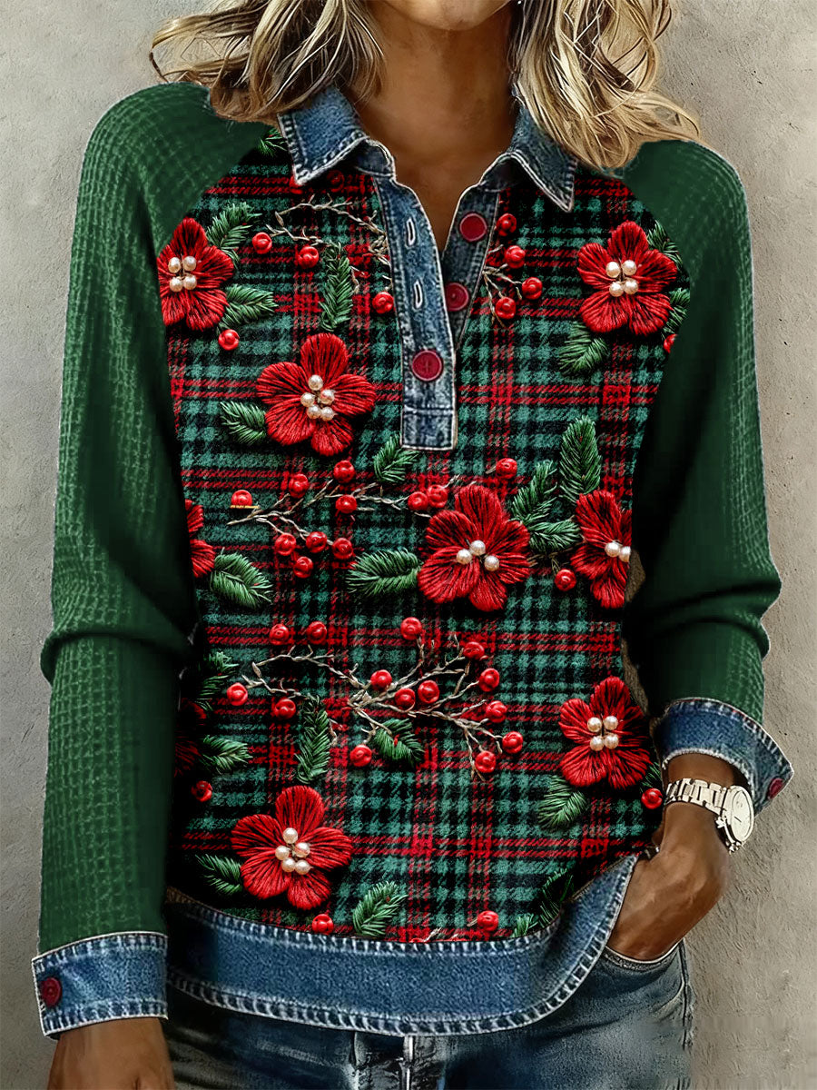 Women's Christmas Plaid Floral Tops gracestitchs